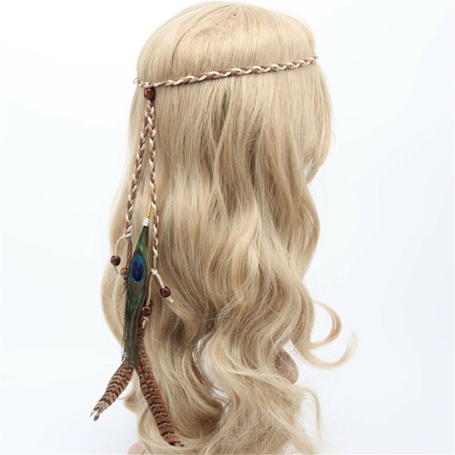 Women Girl Brown//Beige Bohemia Peacock Feather Hair Headpiece Headband Head Band