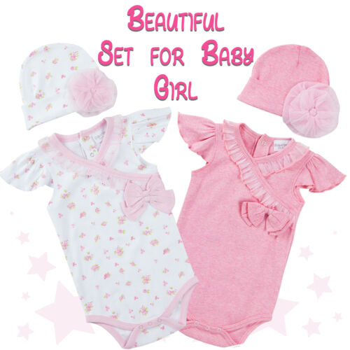 Baby Girls Infant Romper Bodysuit Sleepsuit /& Hat Set Pink Flowers Bow Frilly UK