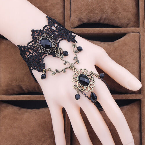 Bracelet Ring Woman Vintage style Gothic Lolita Black Lace Beaded Jewelry Set SK
