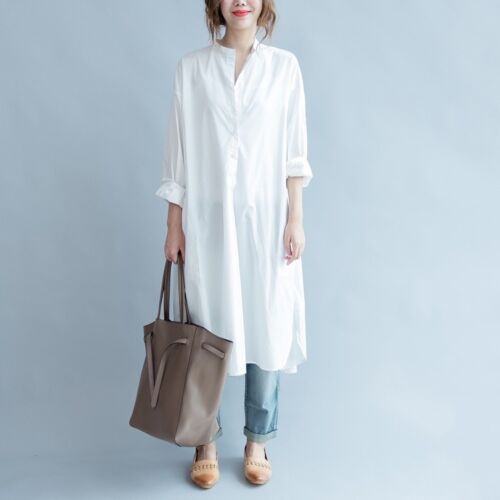 Fashion Women Cotton Long Shirt Dress White Blouse Casual Baggy Loose Oversized