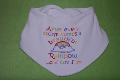 After every storm comes beautiful rainbow here I am embroidered baby bandana bib 