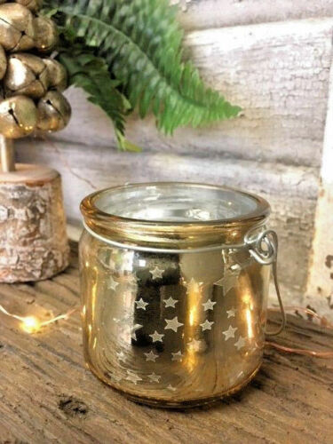 Set of 3 Hanging Gold Star Glass Christmas Jar Tea Light Candle Holder Decor