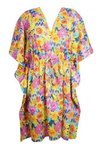 Boho Colorful Floral Short Kaftan Dress Beach Cover Up Resort Wear Cotton Caftan 