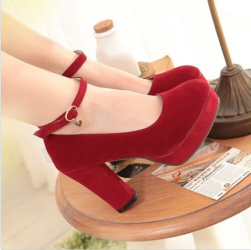 New Womens Court Shoes Round Toe Chunky Block High Heels Mary Jane Party Fashion 