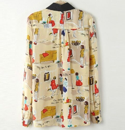 Women Lady chiffon Beige Button front Printed Long Sleeve Tops Shirt Blouse 