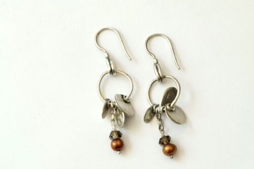 Silpada Sterling  Silver Disc Smoky Quartz & Copper Pearl  Dangle Earrings W1550 