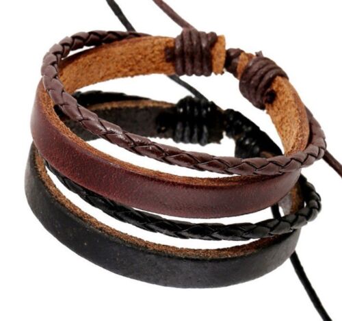 Mens genuine leather two strand wristband bracelet black or brown 