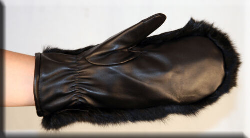 Brand New Black Rabbit Fur and Lambskin Leather Mittens Efurs4less 