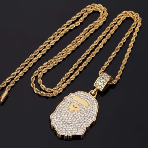 Hip Hop Jewelry Iced out Gold & Silver APE Pendant & 4mm 24" Rope Chain Necklace 