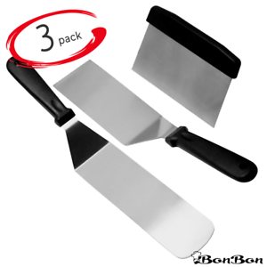 BonBon 3-Piece Professional Quality Stainless Steel Spatula Scraper Set Black