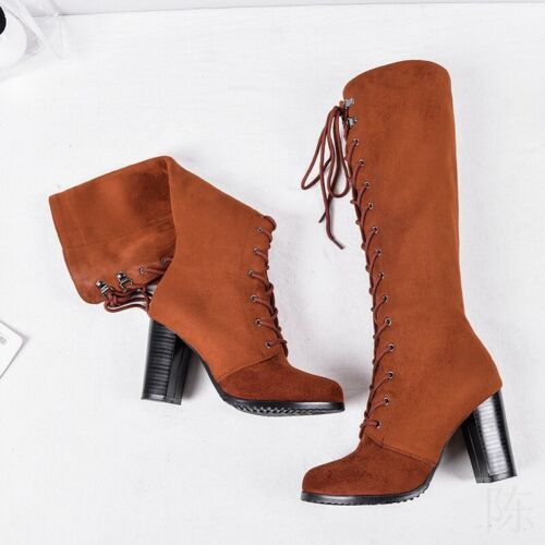 Details about   Fashion Women Lace Up Riding Side Zip Block Heels Mid Calf Knee High Boots 34-43 