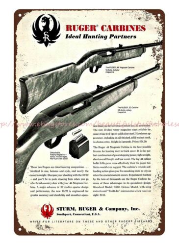 1965 rifle hunting firearm RUGER .44 Magnum /& .22 Carbine metal tin sign