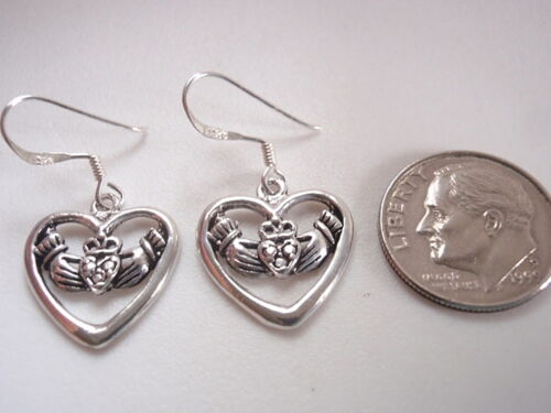 Claddagh in Heart Dangle Earrings 925 Sterling Silver love loyalty & friendship 