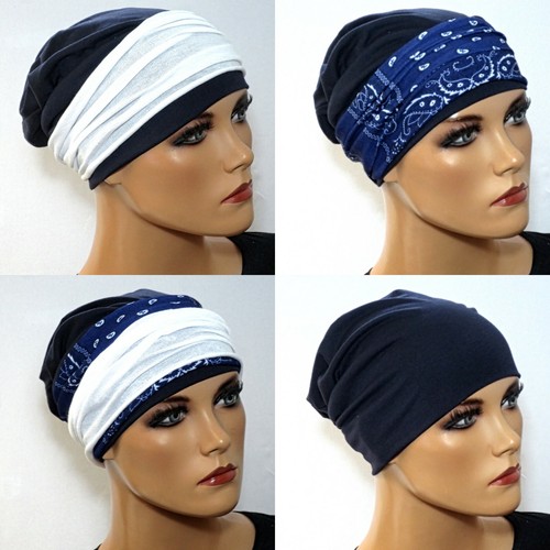 2 Bänder Kopfbedeckung bei Chemotherapie Chemomütze SET Beanie dunkelbl 3-tlg