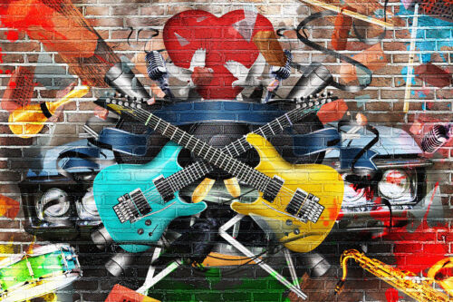 Fototapete Musik Collage Graffiti Gitarren Kleistertapete oder Selbstklebende