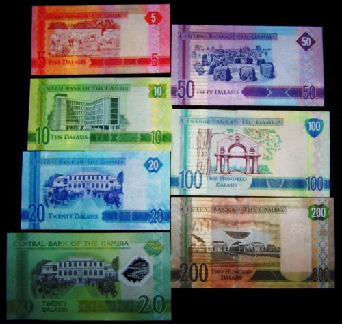 5,10,20,20,50,100,200 Dalasis UNC currency 7 Gambia Banknotes 2014//15 issue