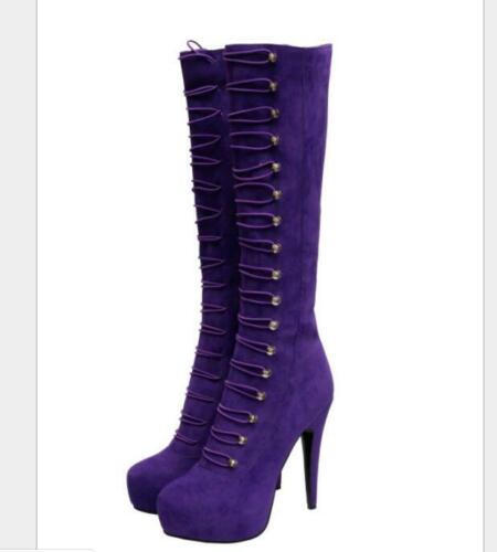 Details about   Sexy Women's Purple Knee High Shoes Platform Round Toe High Heels Knight Boots 