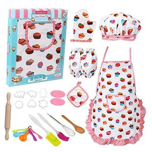 Vanmor Cute Kids Cooking and Baking Set 24 Pcs Toddler Apron and Chef Hat Girl