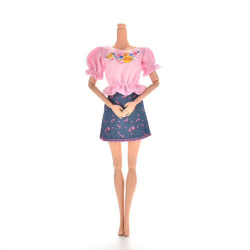 2 x/Set Pink T Shirt and Blue Denim Skirt for s Princess Dolls JB 