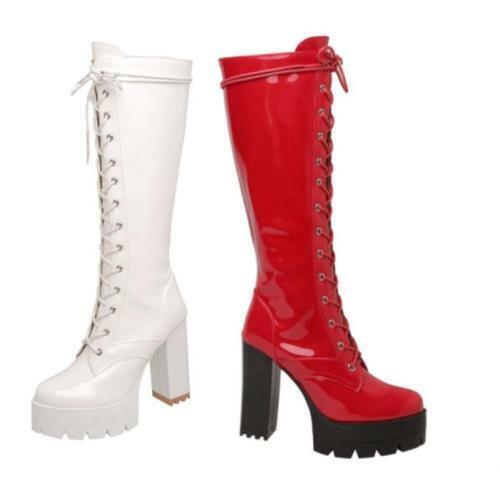 Details about   3 Colors Women Patent Leather Block Heel Platform Knee High Boots Gothic Punk L 