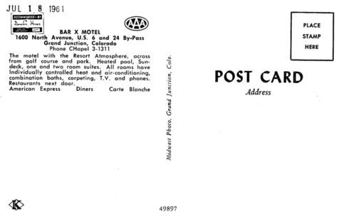 Details about  / Bar X Motel Roadside U.S 6 /& 24  Street View Grand Junction,CO 1960/'s Postcard