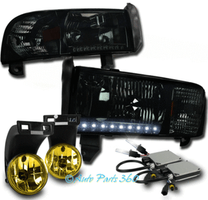 94-01 DODGE RAM 1500 2500 3500 LED CRYSTAL SMOKE HEAD LIGHTS W//YELLOW FOG+6K HID
