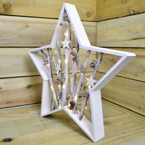 39cm Battery Operated White LED Pin Lit Christmas Festive Star With Pinecones