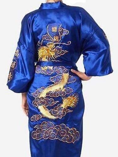 Man Womens SILK Robe Kimono Gown Black Blue Chinese Dragon Sleepwear Dress New 