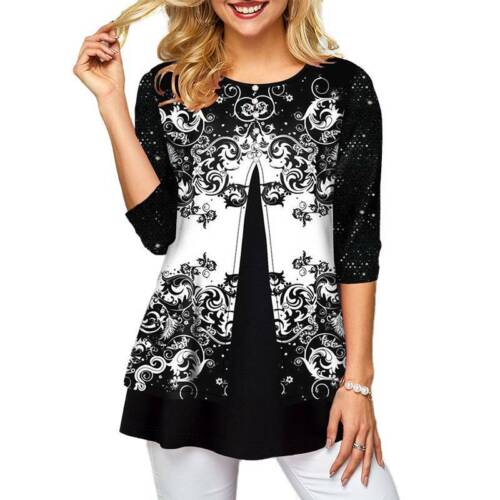 Pandaie Womens Tops Shirts Vintage Plus Size Loose Sequins Print Stand Neck Blouse Pullover Tunic Tops Shirt 