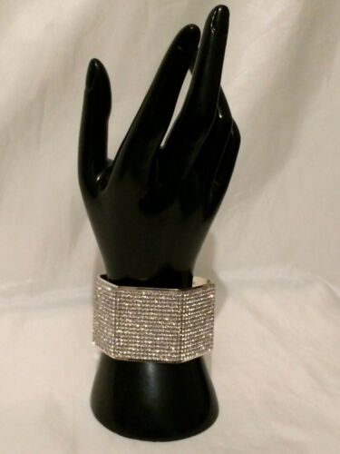 Statement Chunky Thick Wide Large Silver Crystal Diamante Rhinestone Bracelet