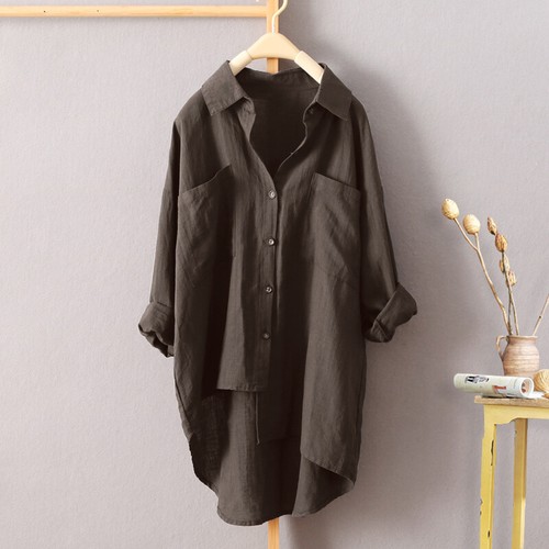 Frauen Leinen Und Baumwolle Top Shirt Langarm Lose Bluse Größe S~3XL