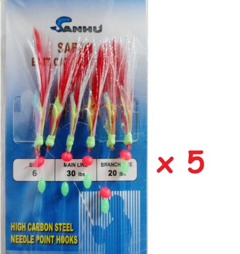 2-100 Packs Size 6 Sabiki Bait Rigs 6 Hooks Red Feather Saltwater Fishing Lures