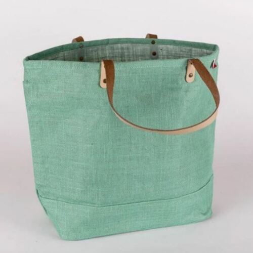 Sea Green Jute Shoulder Bag Large Eco-Friendly Tote with Leather Handles 