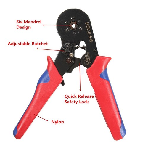 Six Mandrel Ratchet Ferrule Crimper Plier HSC8 6-6 Crimp AWG23-10 Wire Connector