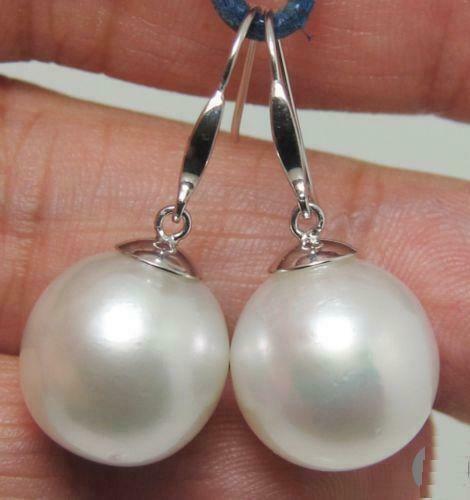 16mm White South Sea Shell Pearl Earrings 14K White Gold Huge Perfect round AAA