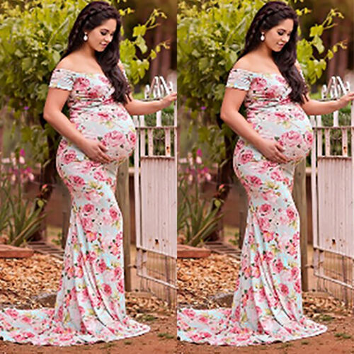 Pregnant Women V Neck Floral Off Shoulder Maxi Dress Maternity Gown Photo Shoot 