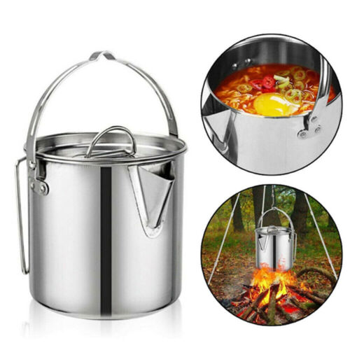 Outdoor 1.2L Stainless Steel Picnic Camping Hanging Pot Campfire Cooking Kettle 