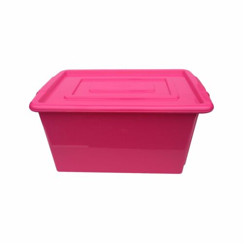 PINK PLASTIC LARGE 52L LITRE STORAGE BOX TUB CONTAINER WITH CLEAR LID TOY//KIDS