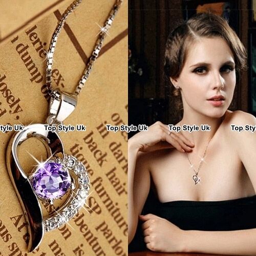 Purple Crystal Silver Heart Necklace Unique Presents for Her Women Girls Wife A1