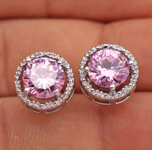 4.10Ct Round Cut Pink Sapphire Diamond Halo Stud Earrings 14K White Gold Finish 