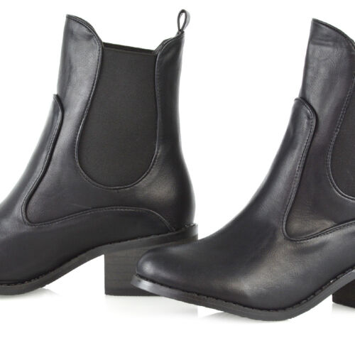 Womens Ankle Boots Block Low Mid Heel Ladies Western Pull On Gusset Chelsea Shoe