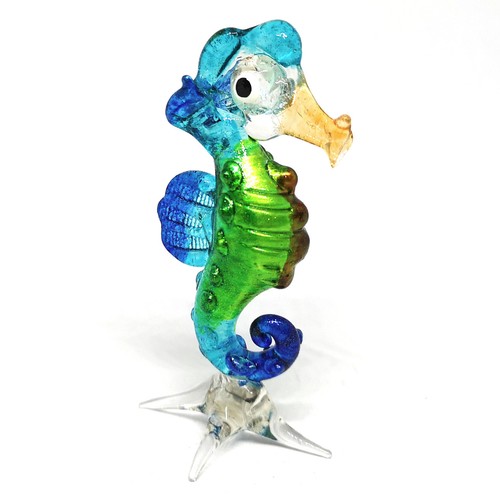 FOLK ART Handicraft MINIATURE HAND BLOWN GLASS Blue Seahorse Marine FIGURINE