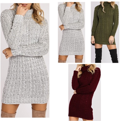 New Womens Ladies Polo Roll Neck Cable Knitted Long Sleeve Jumper Sweater Dress