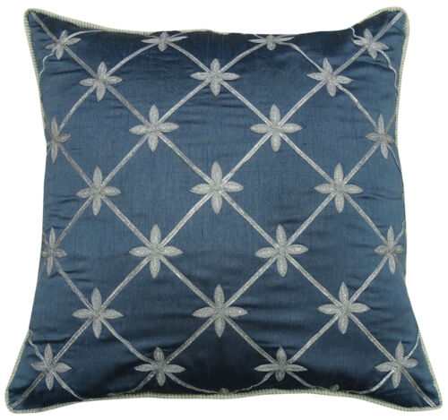 Indian Gray Decorative Pillow Cover Floral Embroidered Poly Dupion Cushion Case