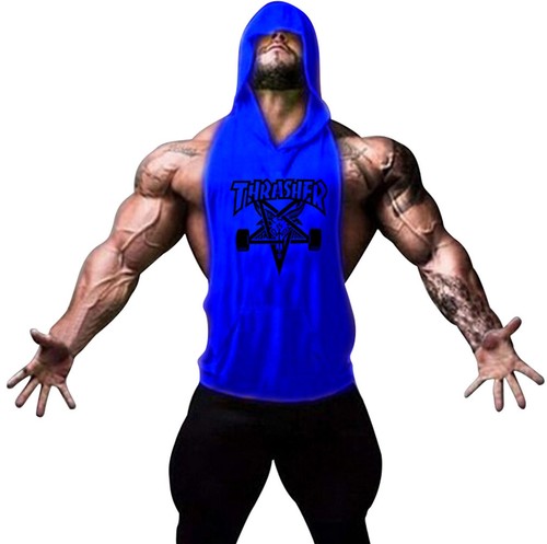 Men Muscle Workout Gym Tank Top Hooded Waistcoat Sports Hooded T Shirts Printed
