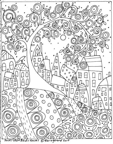 RUG HOOK PAPER PATTERN Swirl Tree Bird and Houses FOLK ART ABSTRACT Karla Gerard 