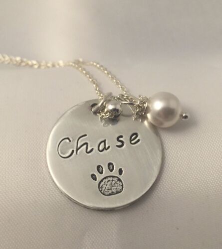 Dog Name and Paw Print Personalized Sterling Silver Necklace Dog Lover Jewelry 