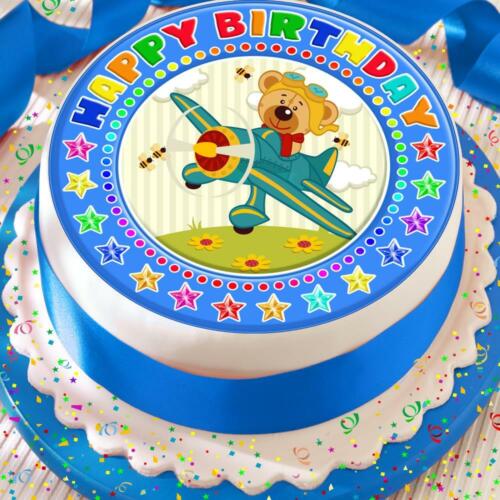 TEDDY BEAR PLANE HAPPY BIRTHDAY BLUE 7.5 INCH PRECUT EDIBLE CAKE TOPPER K8