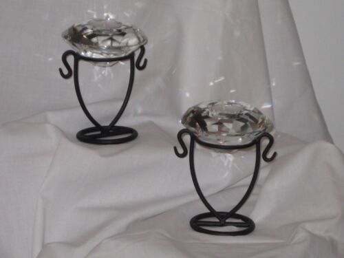 SET OF 2 GLASS CRYSTAL DIAMOND TEALIGHT CANDLE HOLDERS ON A METAL STAND 