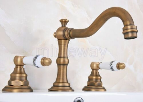 Antique Brass Widespread Bathroom Sink Faucet Mixer Tap Three Holes man072 